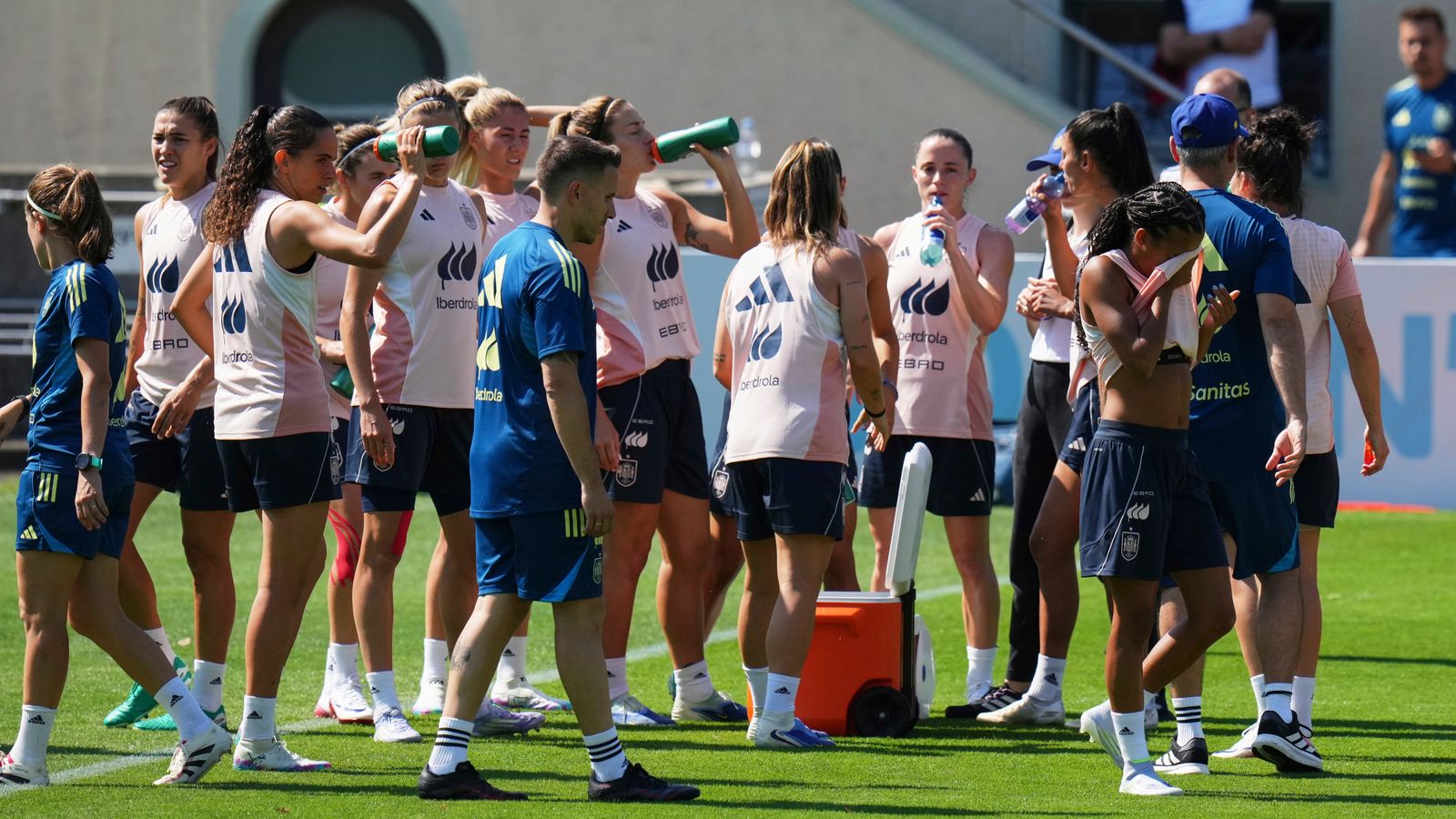 Players take a drink during a training session of Spain soccer team at the Euro 2025, in Lausanne, Switzerland Tuesday, July 1, 2025 Pic: AP