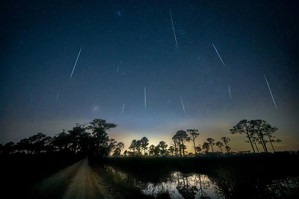 Geminid Meteor Shower over pond and direct road in Fred C. Babcock/Cecil M. Webb Wildlife Management Area near Punta Gorda, Florida