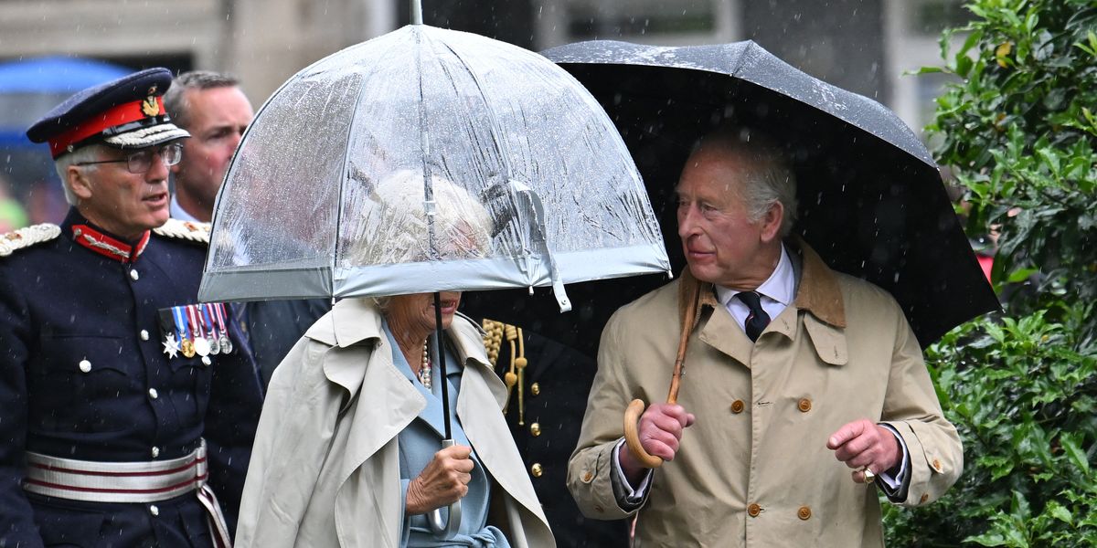 Queen Camilla's face shielded from view as she joins King Charles with huge umbrella