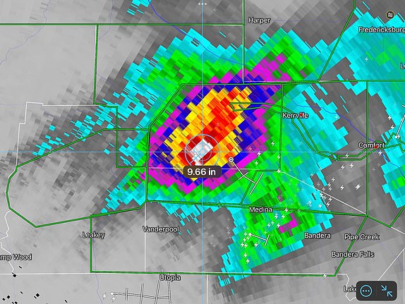 T¿EY FULB¿IGHT@CF3_WeatherDoppler estimates daily (24hr) show ~10" of rain just west of Kerrville, #txwx. Highest @CoCoRAHS gauge report is 9.4". This is roughly 1/3 year's worth of rain occurring in a day for this area!14876425 Guadalupe River flooding may have swept away multiple BOY SCOUT CAMPS, as lawmaker snaps at reporters
