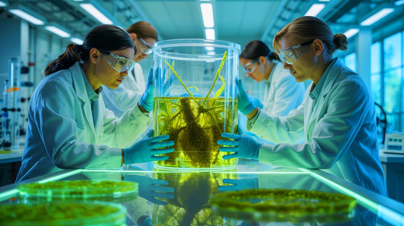 Illustration of ancient microalgae being resurrected from Baltic Sea sediments. Image generated by AI.