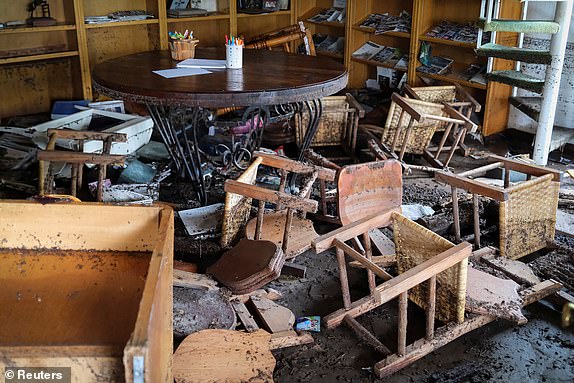 Furniture lies on the floor in a damaged room, following flooding on the Guadalupe River, at Camp Mystic, Hunt, Texas, U.S. July 7, 2025. REUTERS/Marco Bello