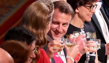 Winking Macron clinks glasses with royals at dazzling Windsor Castle state banquet
