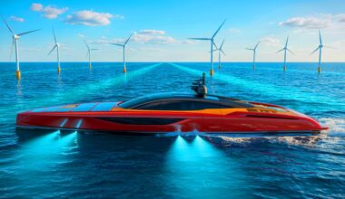 Illustration of a Ferrari-branded eco-friendly yacht employing renewable energy technology, generated by artificial intelligence.