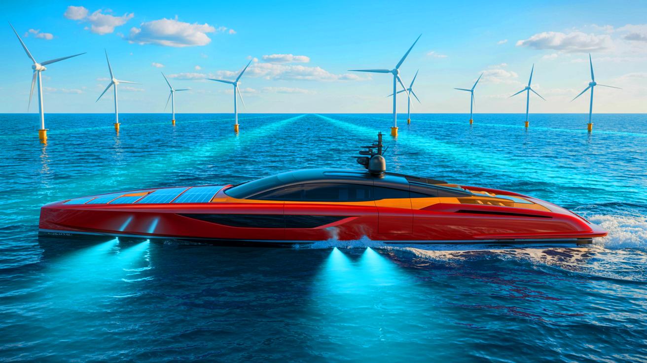 Illustration of a Ferrari-branded eco-friendly yacht employing renewable energy technology, generated by artificial intelligence.