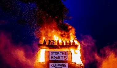 Co Tyrone: Controversial ‘migrant boat’ bonfire is lit in Moygashel