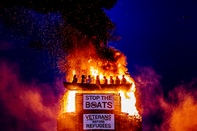 Co Tyrone: Controversial ‘migrant boat’ bonfire is lit in Moygashel