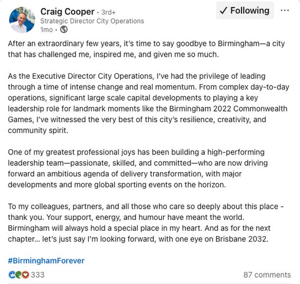 Craog Cooper's LinkedIn post