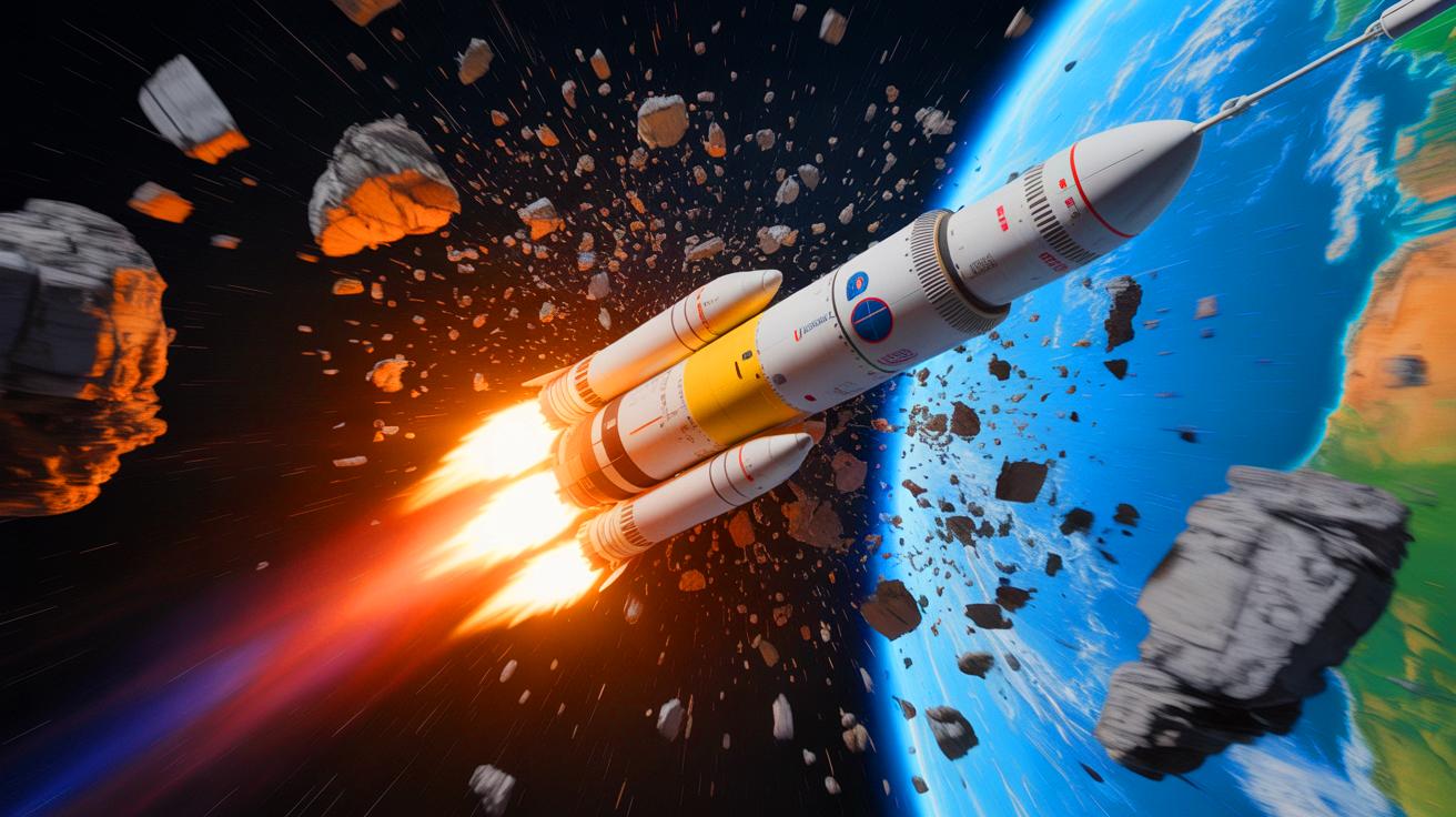 Illustration of China's Long March 6A rocket disintegration and resulting space debris, generated by artificial intelligence.