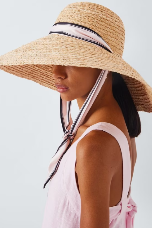 Wide Brim Self-Tie Scarf Sun Hat, Natural
