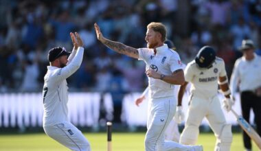 England bowler Ben Stokes celebrates the wicket of India batsman Akash Deep with Ben Duckett during day four of the Third test match between England and India at Lord