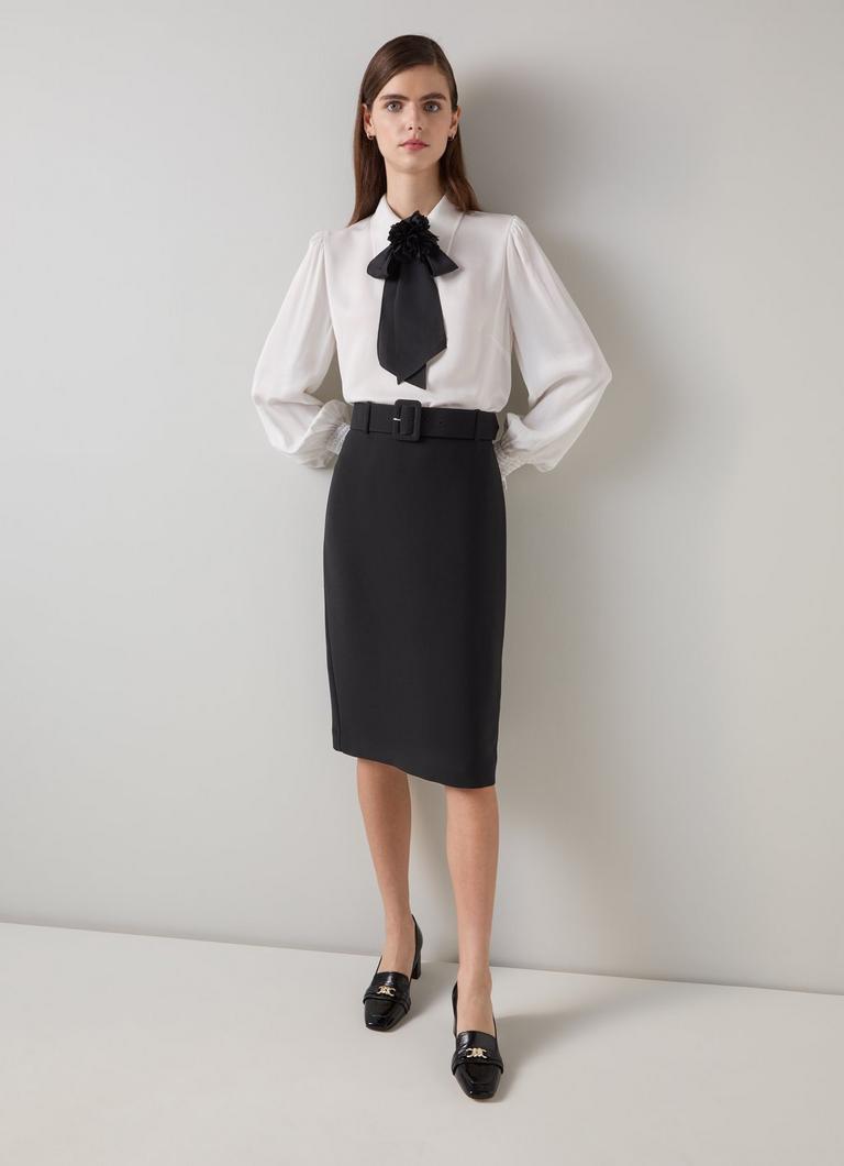 Tabitha Black Belted Crepe Pencil Skirt