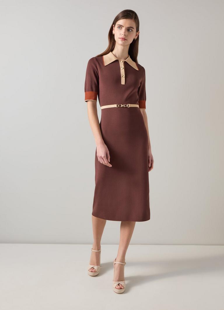 Rosey Chocolate Multi Chain Belt Trim Milano Knit Dress