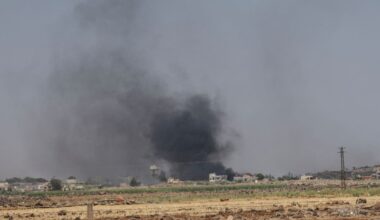 Smoke rises over over Al-Mazra'a village, following renewed fighting between Bedouin and Druze , in Sweida, Syria. Pic: Reuters