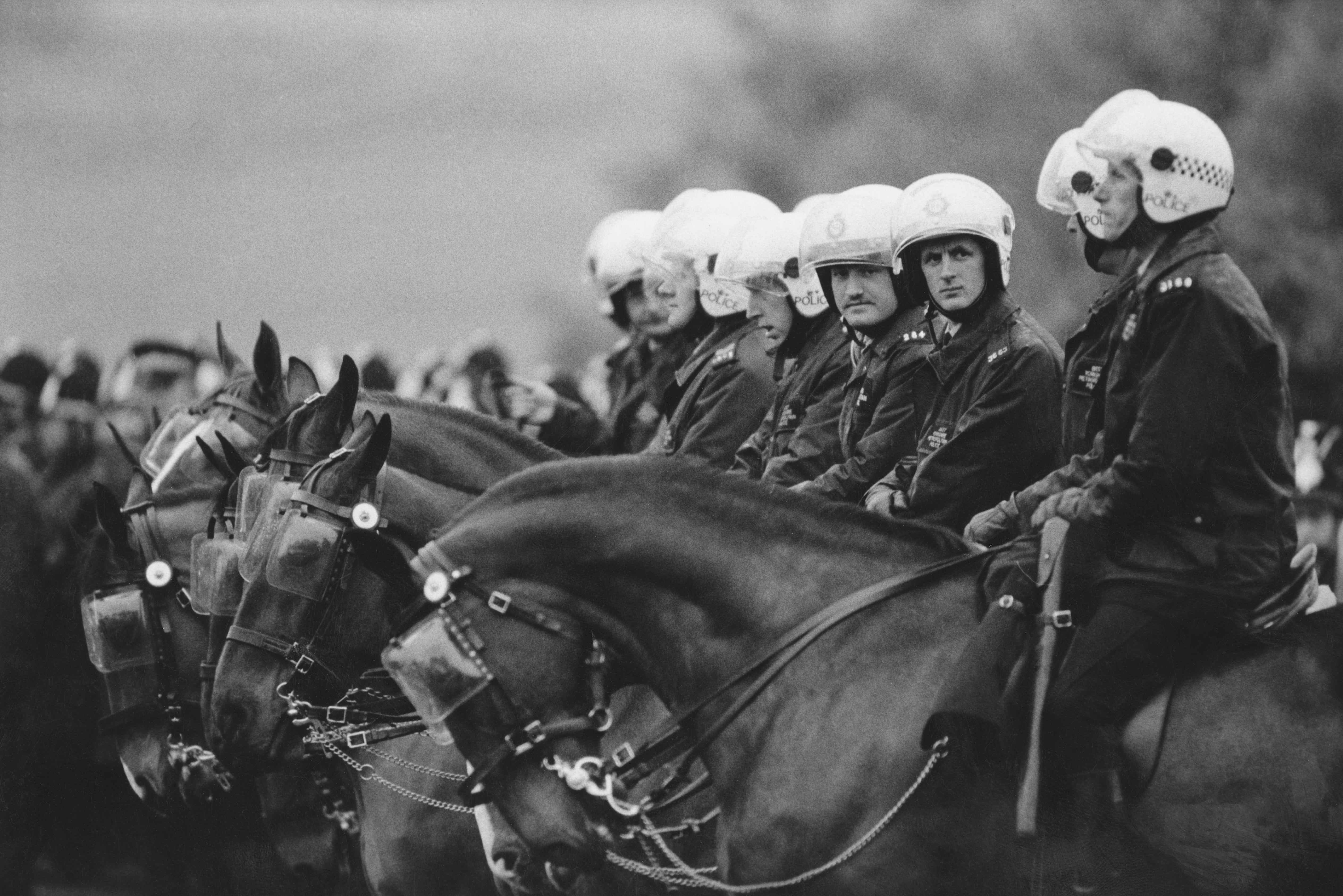 Mounted riot police at the miners' demonstration at Orgreave colliery on 2 June 1984. Weeks later, violent clashes broke out