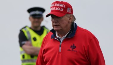 File photo dated 03/05/23 of US President elect Donald Trump playing golf at his Trump Turnberry course in South Ayrshire during his visit t