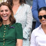 LONDON, ENGLAND - JULY 13: Catherine, Duchess of Cambridge, Meghan, Duchess of Sussex and Pippa Middleton in the Royal Box on Centre Court during day twelve of the Wimbledon Tennis Championships at All England Lawn Tennis and Croquet Club on July 13, 2019 in London, England.