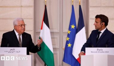 Palestinian Authority President Mahmoud Abbas (left) and French President Emmanuel Macron during talks in Paris in July 2022