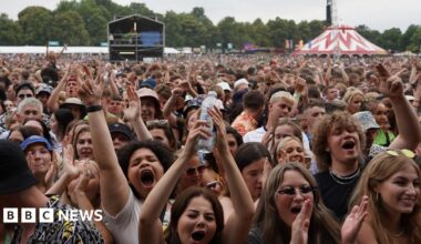 A crowd stands in front of a stage, some are clapping, others have their hands in the air and are singing along.