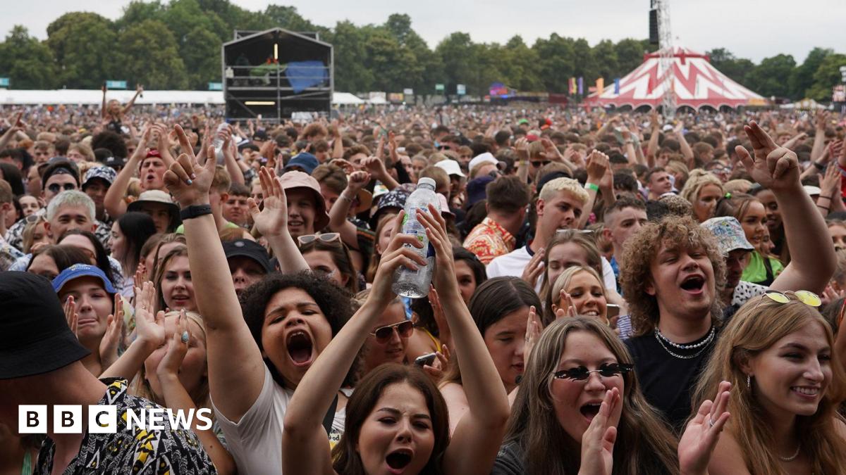 A crowd stands in front of a stage, some are clapping, others have their hands in the air and are singing along.