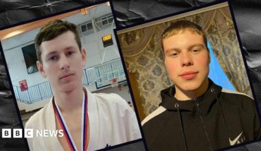 Separate photos of two boys, one in a white judo outfit and the other a black tracksuit top