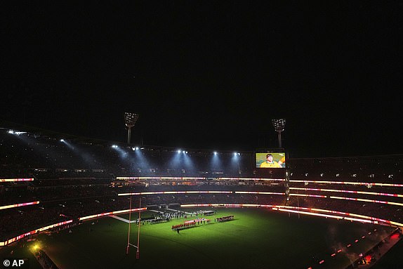 A general view as the anthems are played before the second rugby union test at the Melbourne Cricket Ground in Melbourne, Australia, Saturday, July 26, 2025. (AP Photo/Asanka Brendon Ratnayake)