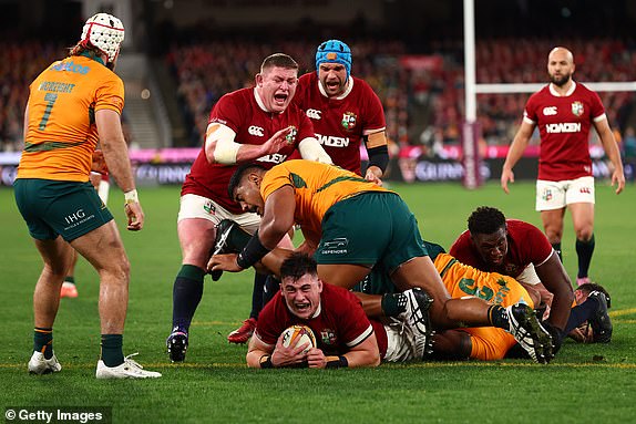 MELBOURNE, AUSTRALIA - JULY 26: Dan Sheehan of the British and Irish Lions scores a try during the second test of the series between Australia Wallabies and British & Irish Lions at the Melbourne Cricket Ground on July 26, 2025 in Melbourne, Australia. (Photo by Graham Denholm/Getty Images)