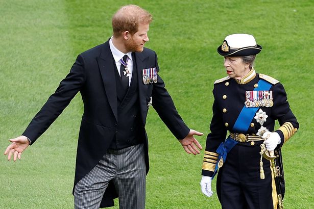 Prince Harry, Duke of Sussex and Anne, Princess Royal talk inside Windsor Castle ahead of the Committal Service for Queen Elizabeth II