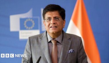BRUSSELS, BELGIUM - JUNE 17: Indian Minister of Commerce and Industry, Consumer Affairs, Food and Public Distribution and Textiles Shri Piyush Goyal is talking to media on EU-India trade relations in the Berlaymont, the EU Commission headquarters on June 17, 2022 in Brussels, Belgium.