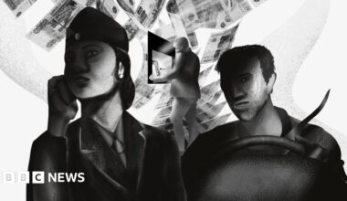 Illustration showing a man taking cash from a cashpoint in Russia while two shadowy figures in uniforms stand in front