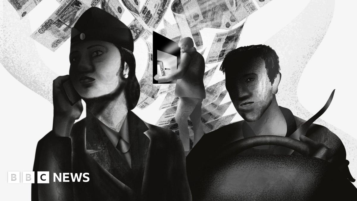 Illustration showing a man taking cash from a cashpoint in Russia while two shadowy figures in uniforms stand in front