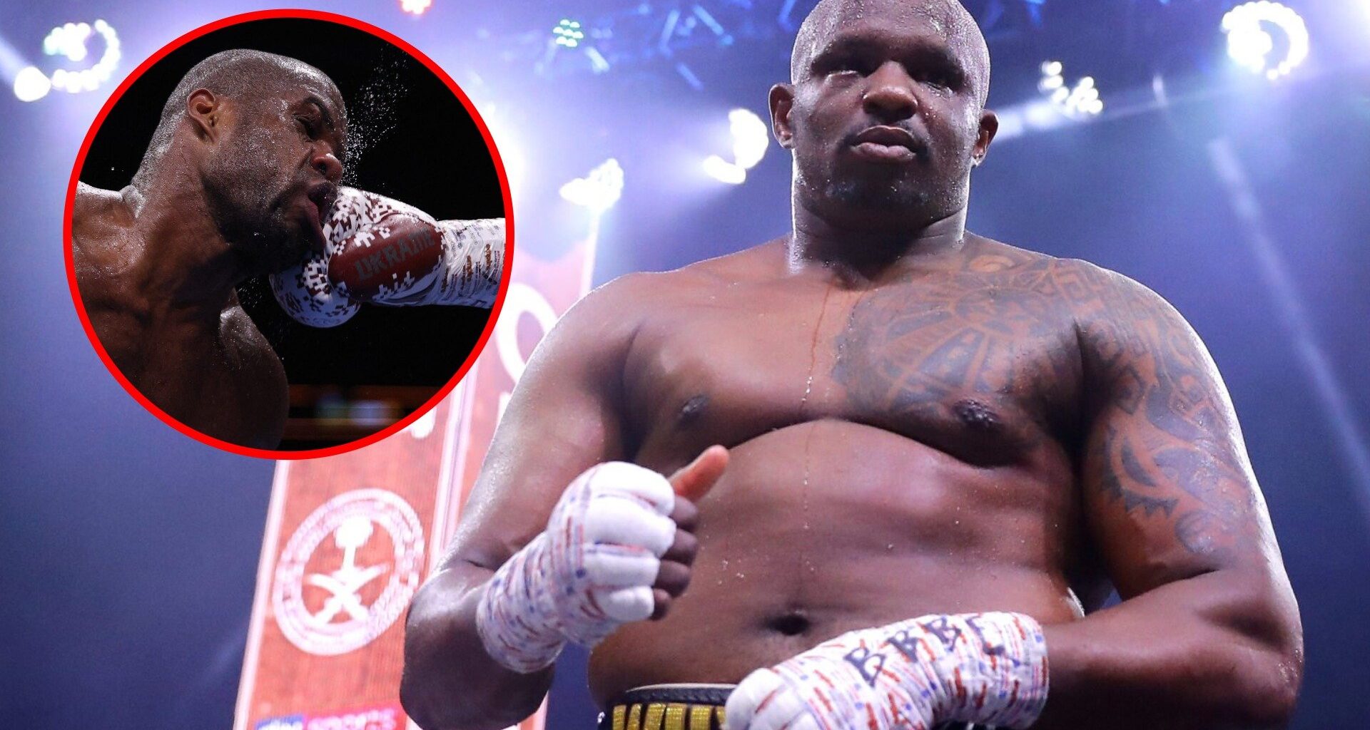 Whyte looking huge in his fight with Mariusz Wach with inset of Daniel Dubois being punched in the face by Oleksandr Usyk