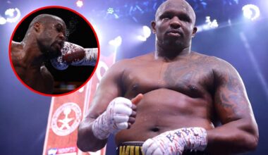 Whyte looking huge in his fight with Mariusz Wach with inset of Daniel Dubois being punched in the face by Oleksandr Usyk
