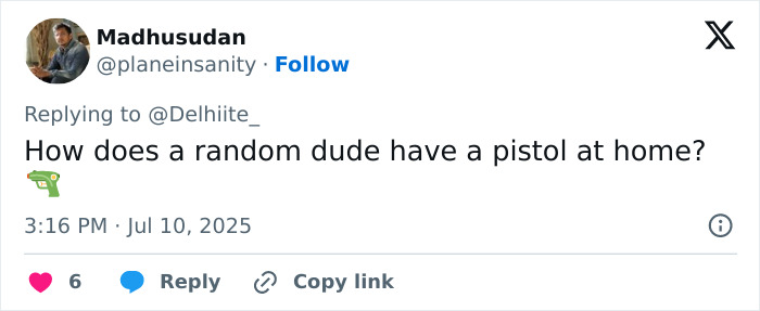 Screenshot of a tweet questioning how a random man has a pistol at home amid male ego and tennis pro shooting controversy.