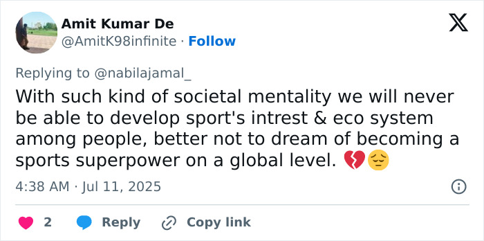 Tweet discussing societal mentality affecting sports interest and ecosystem amid outrage over male ego in tennis pro case