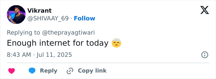 Twitter user Vikrant replying with a sad emoji, expressing frustration about online reactions to a tennis pro shooting incident.