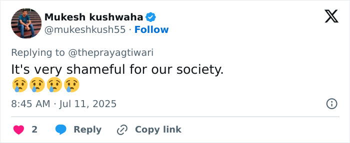 Tweet by Mukesh Kushwaha expressing shame over the male ego controversy involving a 25-year-old tennis pro's fatal shooting.