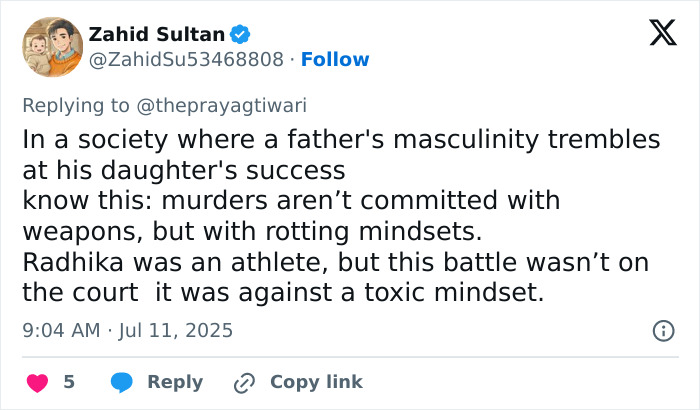 Screenshot of a tweet discussing toxic masculinity and a father's ego in the context of a female athlete's tragic death.