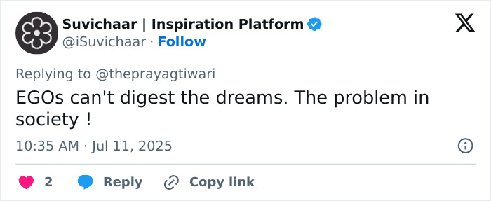Tweet from Suvichaar on male ego and societal issues, posted on July 11, 2025, discussing ego and dreams in society.