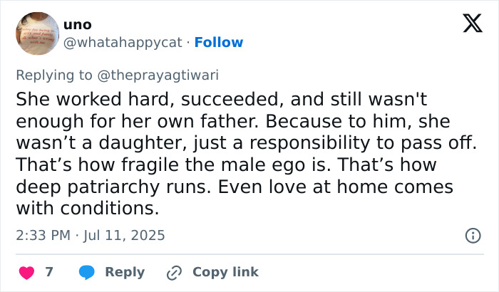 Tweet discussing fragile male ego and patriarchy in context of a father’s rejection of his hardworking daughter.