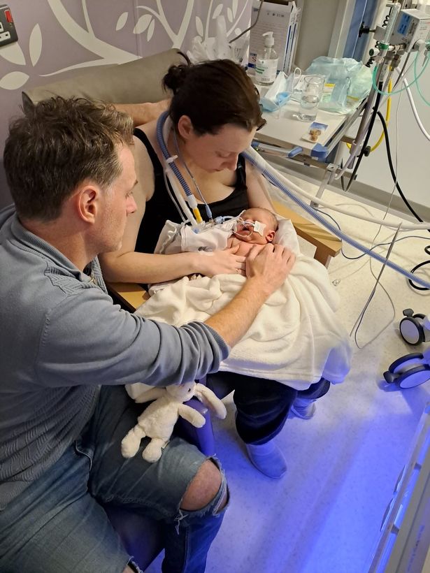 Emily Brazier, Rhodri Thomas and their baby daughter Liliwen 