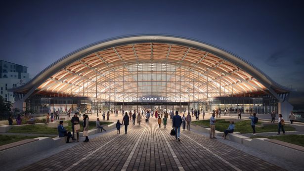 A visualisation of Birmingham's HS2 Curzon Street Station at night