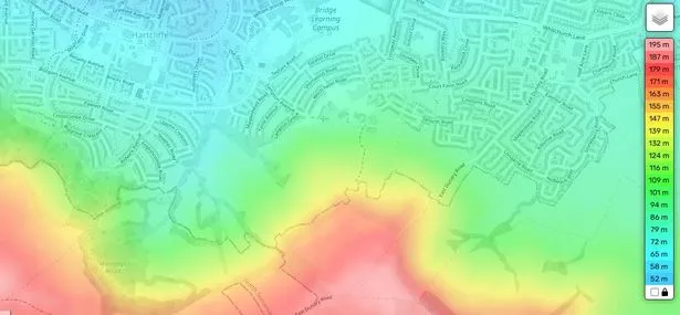 A topographic map of Dundry Slopes and Hartcliffe in South Bristol. The point where the red and orange shade overlaps the Bristol-Somerset border in the centre of the image is the highest point in Bristol