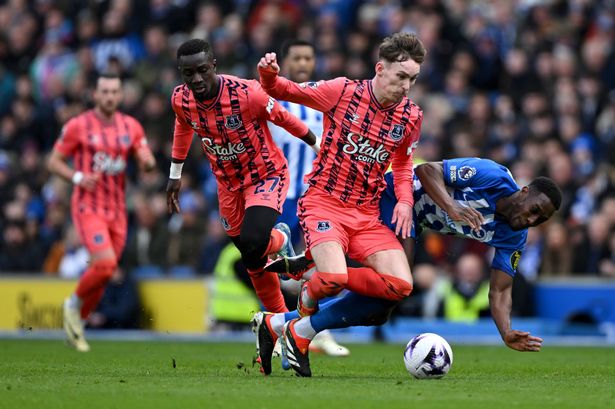 BRIGHTON, ENGLAND - FEBRUARY 24: Idrissa Gana Gueye and James Garner of Everton battle for possession with Danny Welbeck of Brighton & Hove Albion during the Premier League match between Brighton & Hove Albion and Everton FC at the American Express Community Stadium on February 24, 2024 in Brighton, England. (Photo by Mike Hewitt/Getty Images)