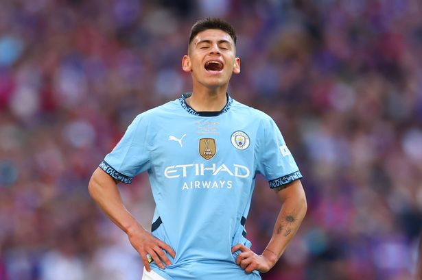 Claudio Echeverri of Manchester City reacts during the Emirates FA Cup Final match between Crystal Palace and Manchester City at Wembley Stadium 