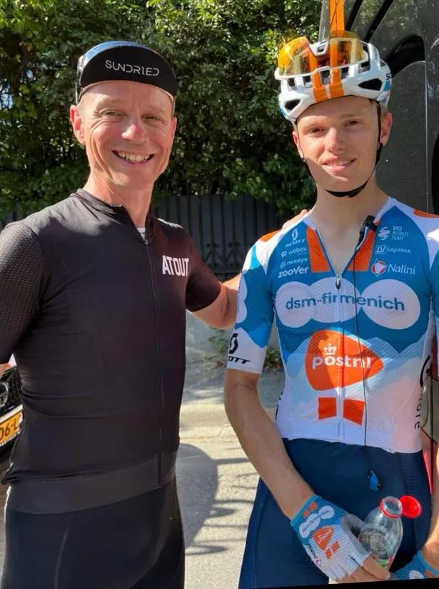 Cyclist Oscar Onley with David Burgher