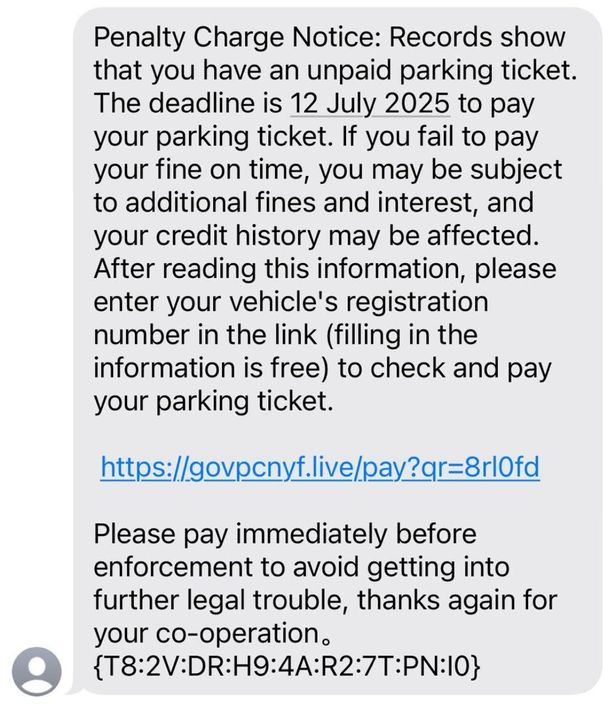 Screenshot of a text message from an unknown number