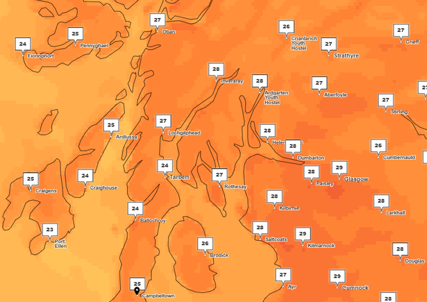 A Met Office weather map for Saturday, July 12, showing high temperatures in the west of Scotland