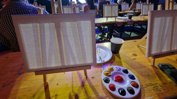 The painting materials supplied, with extra paint, water and towels available at the back