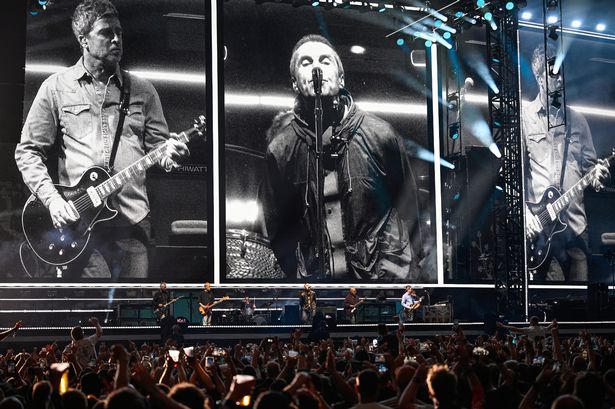 Oasis perform on stage during the opening night of their Live 25' Tour at Principality Stadium on July 04, 2025 in Cardiff, Wales. 